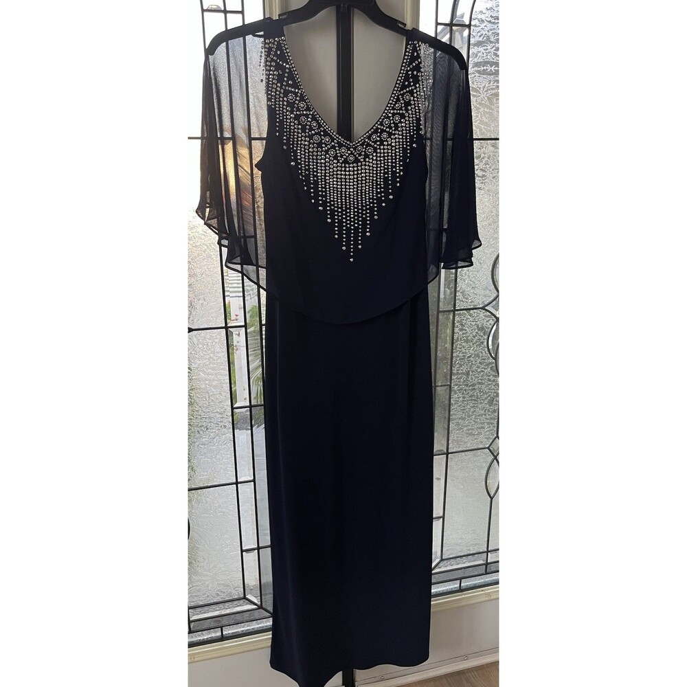 Glamour Elegant Evening Gown Size 10 Navy Blue Stunning Rhinestone Made in Egypt
